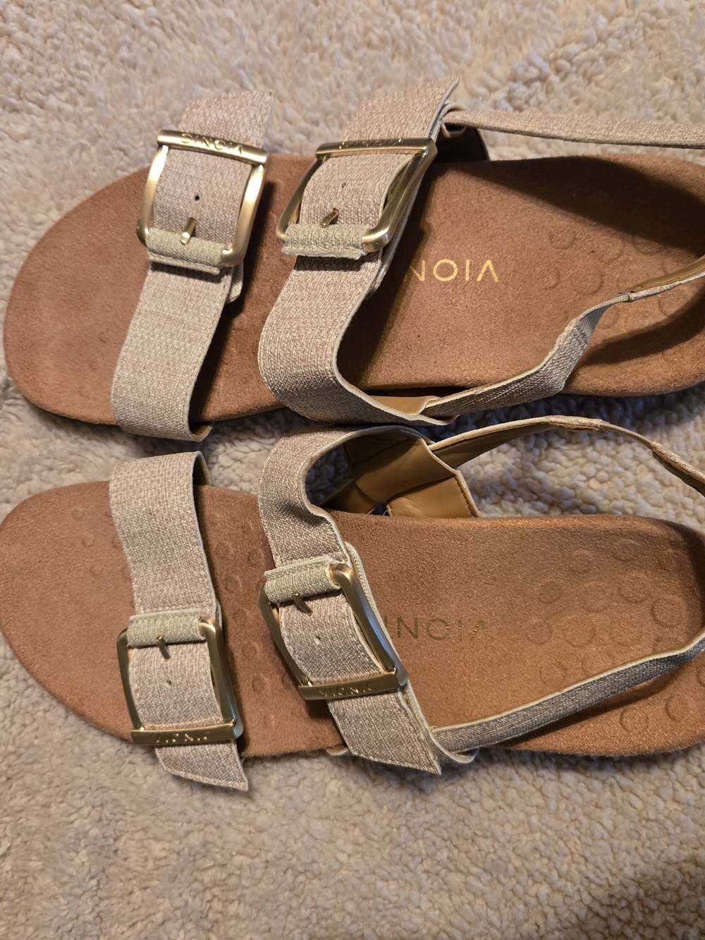 Vionic Reese Tan Beige Dual Strap Buckle Sandals with Arch Support &Gold Accents